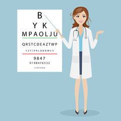 beautiful woman doctor character- optometrist points to the tabl