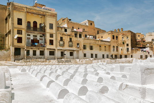 White chalked tombstones at the jewish cemetery in Fes, Morocco.