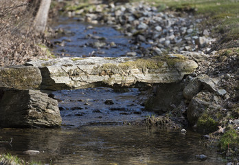 Stone Bridge Over a Creek: A rustic stone slab forming a bridge over a small creek in New York's Hudson Valley