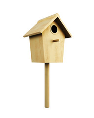 Wooden bird house on a pole isolated on a white background. 3d rendering.