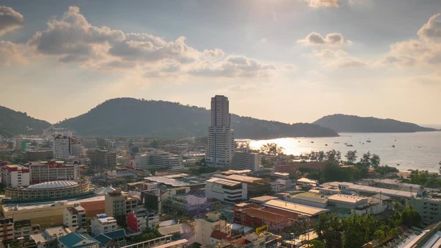 patong beach town sunset roof top panorama 4k time lapse thailand
