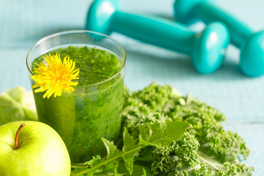Green smoothie with dandelion healthy lifestyle concept
