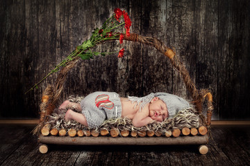 Baby liegt schlafend im Holzbett, newborn