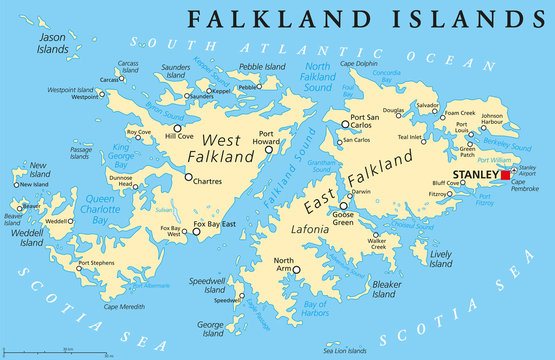 Falkland Islands, also Malvinas, political map with capital Stanley, administered under United Kingdom, claimed by Argentina. English labeling and scaling. Illustration.
