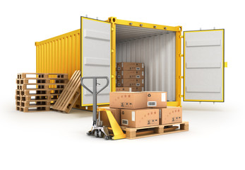 open container pallets with boxes and hand truck isolated on whi
