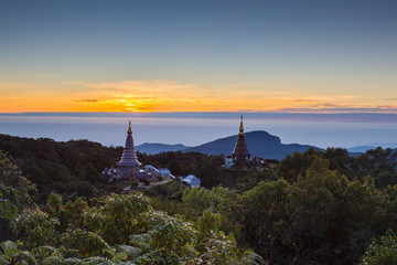 Sun rise at Pagoda on the top of mountain, Inthanon ,Chiang Mai