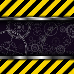 Background with warning stripes and technology gears,