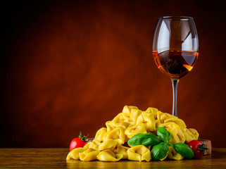 Rose Wine and Tortellini with Copy Space