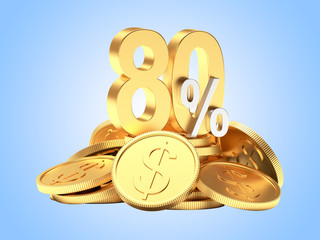 80 percent discount on a pile of golden coins on blue background. 3d illustration