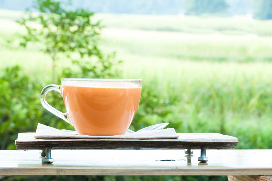 Hot Milk Tea On Natural Green Background