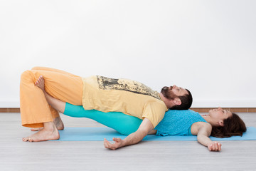 Fototapeta na wymiar Pair exercises. Stretching.