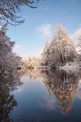 Winter scene, water, lake and trees in the snow on the sunset