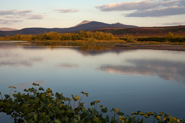 Reflection mountains in a tranquil river. Polar Urals. Russia.