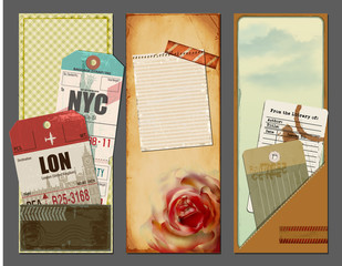 Vintage Travel Banners - Set of summer holiday banners with ephemera, luggage travel tags, library card, and scraps of paper, for backgrounds, promotional material, scrapbooks and flyers
