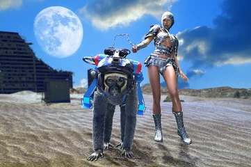 Tuinposter space monkey is dressed in a helmet and her woman mistress from the future render 3D © de Art