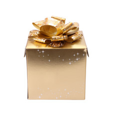 Golden gift box on white background.