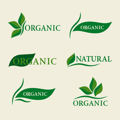 Organic natural logo design template signs with green leaves. Set of badges and labels elements for organic food and drink. Isolated Collection Of Ecology Icons, Symbols. Vector illustration