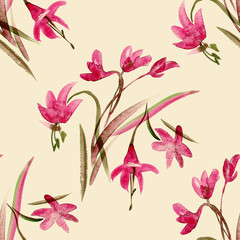 Watercolor Spring Seamless Pattern with Hand Painted Flowers