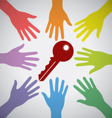 Many Colorful Hands Surrounding A Red Key