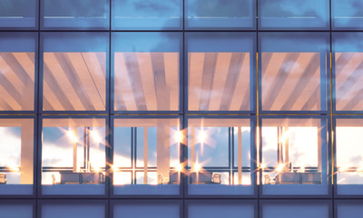 Fototapeta na wymiar Front view of modern skyscraper. Modern office interior in evening time.Panoramic windows facade background, contemporary business center.Empty meeting room.Real horizontal mockup,flares. 3d rendering