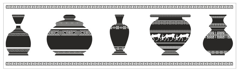 Vector Illustration of different ancient vases with greek geomet