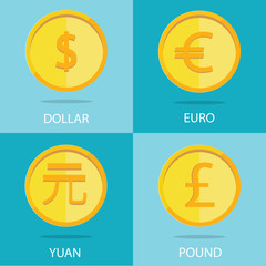 Modern vector set of gold coins on colorful background, euro, do