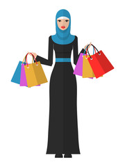 Vector flat illustration of a beautiful young muslim woman with shopping bags. Arab woman shopping icon.