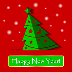 New Year greeting card with green fir and text. Vector illustration