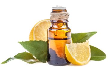 Essential oil made from lemon on a white background