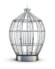 Metal birdcage with ornaments isolated on white background. Front view. 3d rendering.