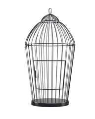 Metal bird cage isolated on white background. Front view. 3d rendering.