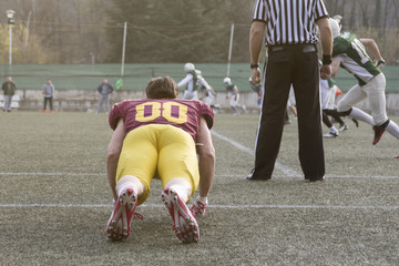 American football player and referee on the field 