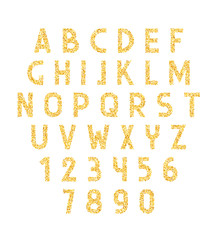 Font gold. Alphabet of placer gold . Font golden sand . Font of gold sparkles. Yellow font .