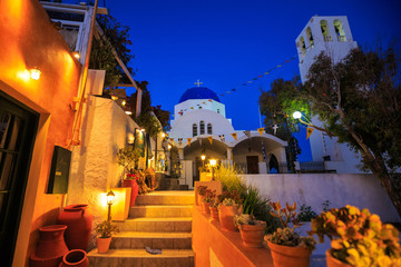 Typical greek church in the night , Santorini