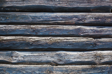 Close up of old vintage blue log wall background