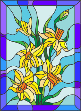 Illustration in stained glass style with daffodils on blue background