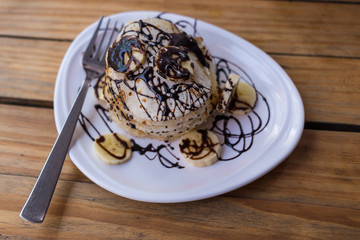 Pancakes with Banana and Chocolate Sauce