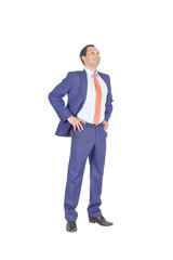 Businessman looking up, white background, concept