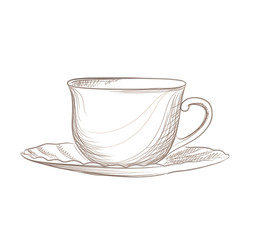 Tea cup with saucer isolated. Doodle sketch coffee mug