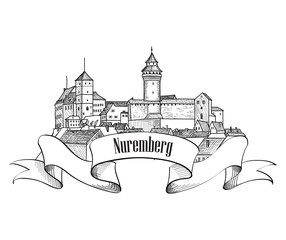 Travel Germany label. Nurnberg City symbol. Old Nuremberg. 