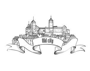 Old city label isolated. Downtown view. Medieval european castle
