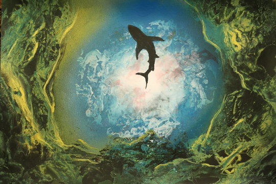 Painted illustration of a dangerous shark seen from the bottom underwater.