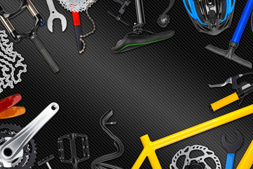 bicycle parts on carbon fiber background / Fahrradteile auf Kohlefaser Carbon Hintergrund