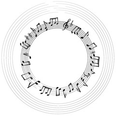 Music notes border. Musical background. Music style round shape frame with copy space for text. Treble clef and notes wallpaper.