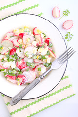 salad with radish , green onion and egg in a white plate. white background.