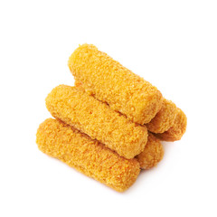 Pile of breaded crab sticks isolated