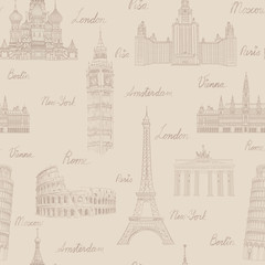 Travel seamless pattern. Vacation in Europe background. Famous  word landmarks