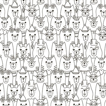 Cute cats seamless pattern. Black and white background