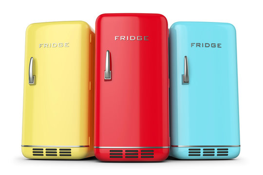 Group of retro colored fridges in row