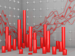 3D financial chart on gray background.
